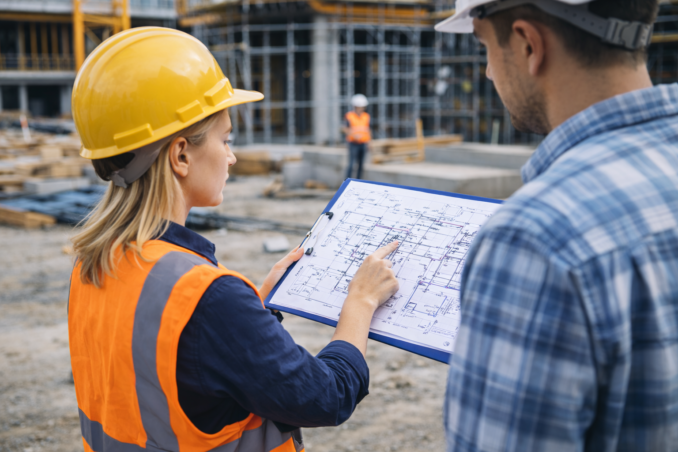 Technisch tekenaar op de bouwplaats