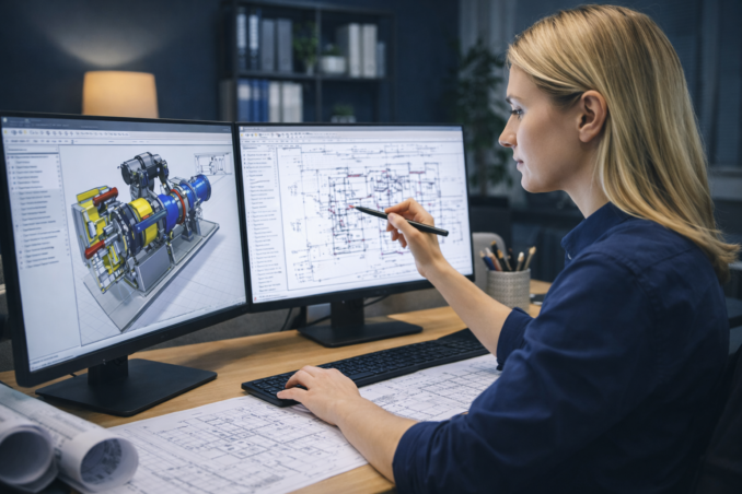 Technisch tekenaar aan het werk in modern kantoor